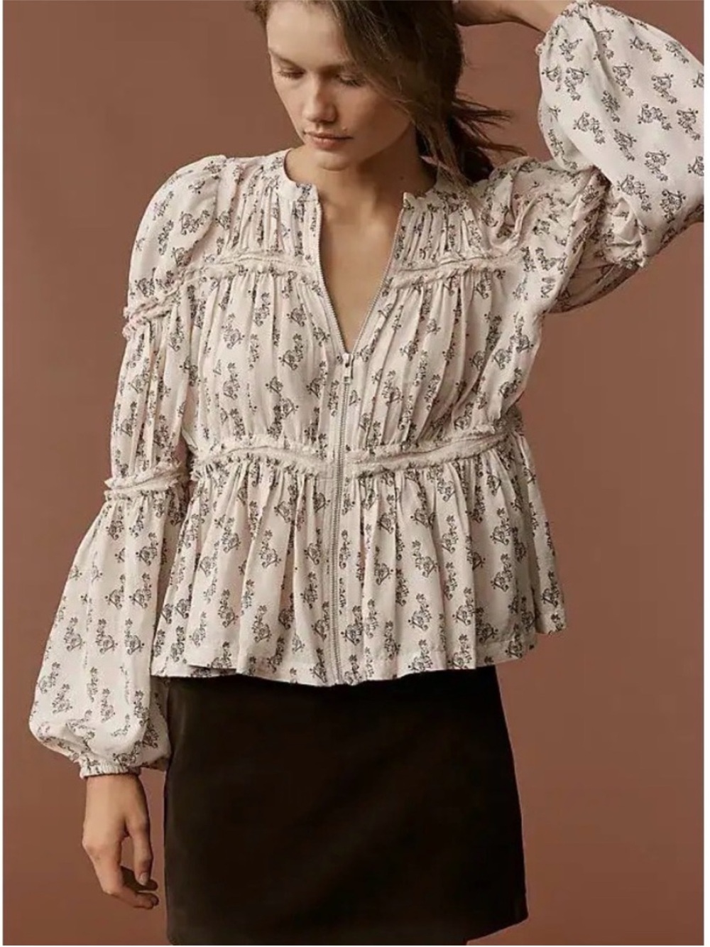 Anthropologie Cream Floral Peplum Blouse with Zipper